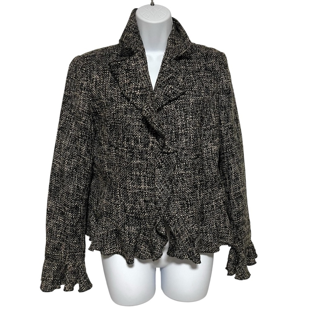 Coldwater Creek Tweed Ruffle Front Textured Blazer Size XS Black Cream Whimsy